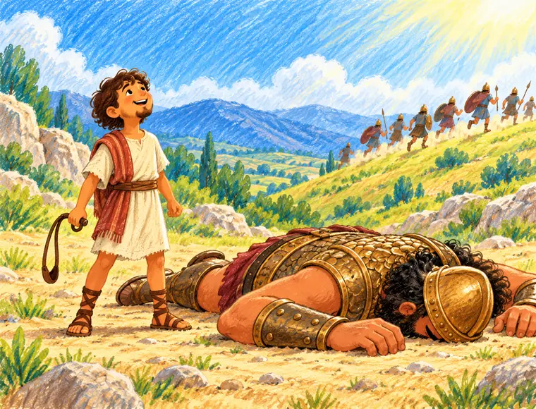 A crayon picture of David standing calmly with his sling while Goliath lies facedown on the ground. Nothing frightening is shown.