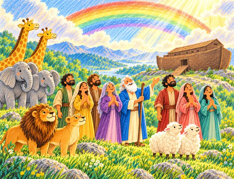 A crayon picture of a rainbow over Noah's ark, with Noah's family and the animals on the grass.