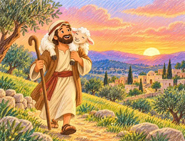 A crayon picture of a smiling shepherd carrying a lamb on his shoulders, walking home at sunset.