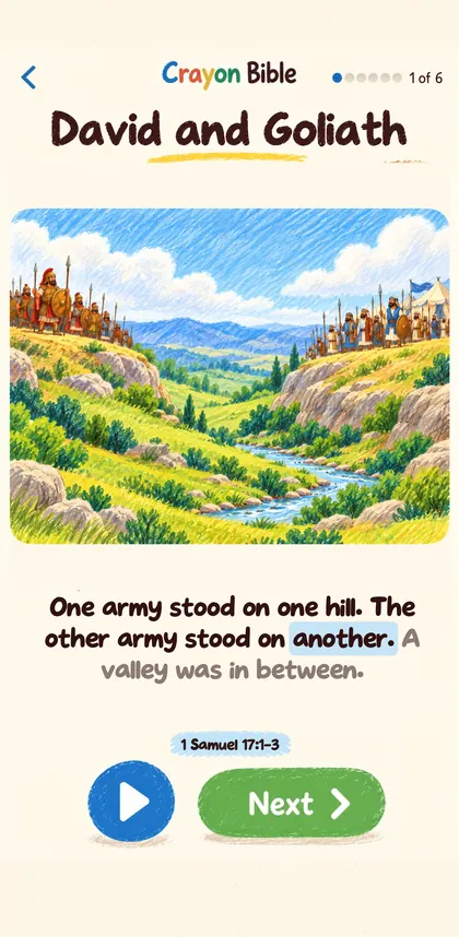 Crayon Bible on iPhone: the David and Goliath lesson, showing two armies on two hills.