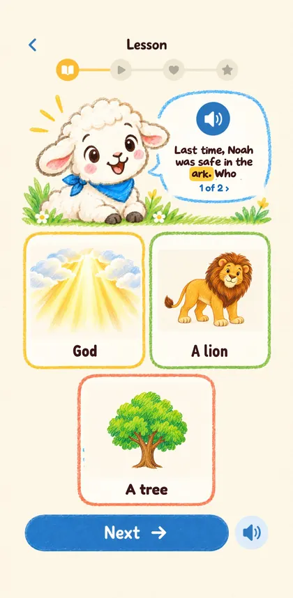 Warm-up screen. Pip asks: Last time, Noah was safe in the ark. Who came out? Three picture answers to tap.